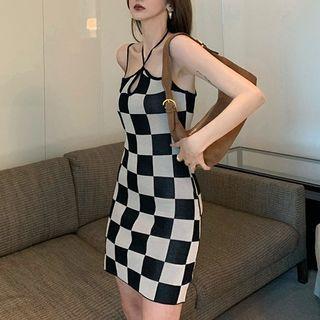 Spaghetti Strap Checkered Sheath Dress Dress - Check - Black & White - One Size