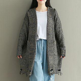 Distressed Open Front Hooded Long Cardigan