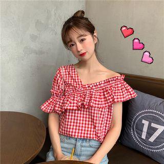 Off-shoulder Plaid Ruffle-trim Top
