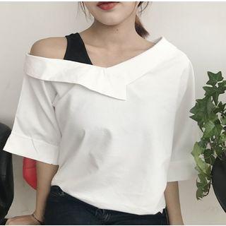 Elbow-sleeve Striped Off Shoulder Shirt