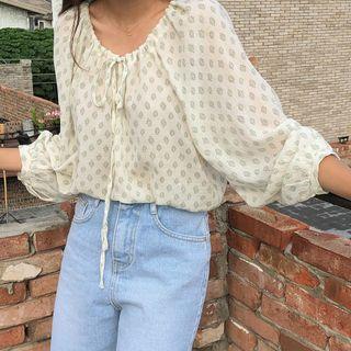 Drawstring-neck Patterned Blouse Green - One Size