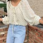 Drawstring-neck Patterned Blouse Green - One Size