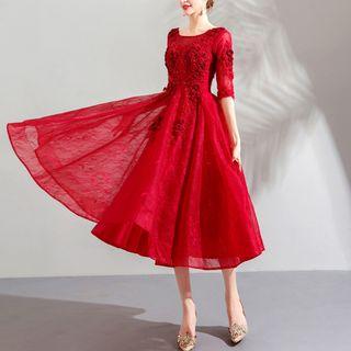 Elbow-sleeve Lace Appliqued Midi Prom Dress