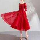 Elbow-sleeve Lace Appliqued Midi Prom Dress