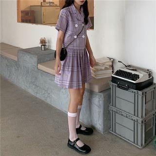 Set: Plaid Short-sleeve Double Breasted Shirt + Mini Skirt