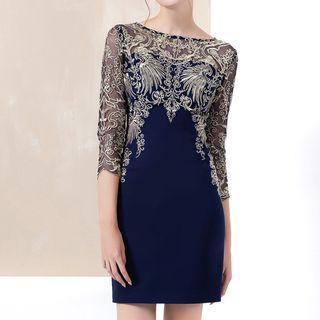 Elbow-sleeve Embroidered Mini Sheath Dress