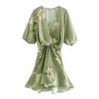 Floral Printed Elbow-sleeve V-neck Midi A-line Dress