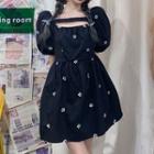 Puff-sleeve Flower Embroidered Mini A-line Dress Black - One Size