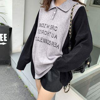 Polo-neck Two-tone Lettering Sweater