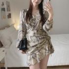 Print Long-sleeve Drawstring Mini Dress