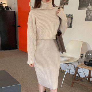 Set: Turtle-neck Ribbed Sweater + Tank Dress