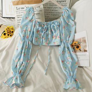 Off-shoulder Tie-neckline Printed Crop Blouse In 5 Colors