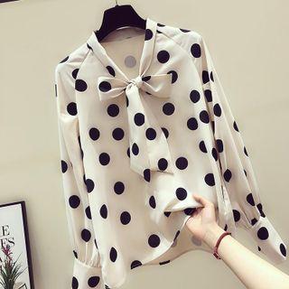 Ribbon Tie-neck Dotted Chiffon Blouse