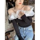 Long-sleeve Off-shoulder Mesh Slim-fit Top