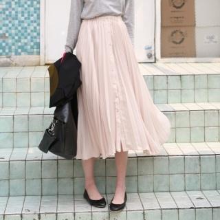 Button Front Accordion-pleats Skirt