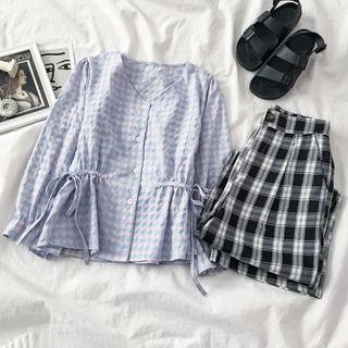 Plaid Drawstring-waist Blouse / Plaid Wide-leg Pants