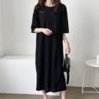 Short-sleeve Scallop Edge Midi A-line Dress Black - One Size