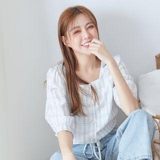 Plaid Square-neck Elbow-sleeve Blouse 1 - White - One Size
