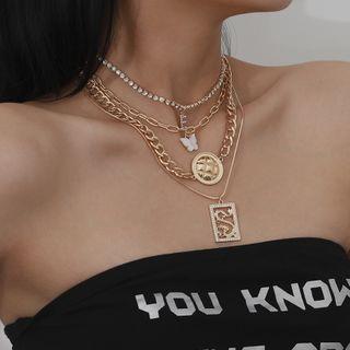 Set Of 4: Rhinestone Chain Necklace 0924 - Set Of 4 - Gold - One Size