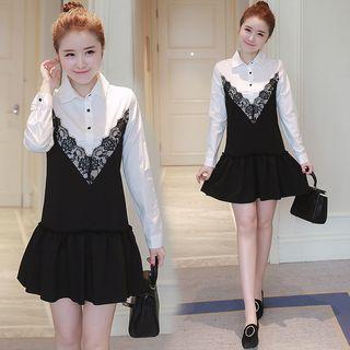 Long-sleeve Lace Trim Mock Two Piece Dress