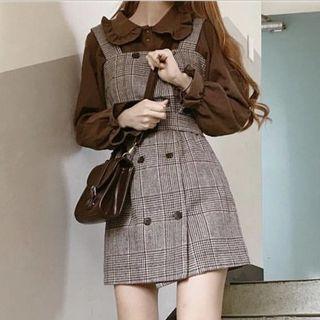Frilled Trim Collar Long Sleeve Blouse / Double Breast Plaid Pinafore Dress
