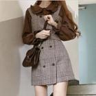 Frilled Trim Collar Long Sleeve Blouse / Double Breast Plaid Pinafore Dress
