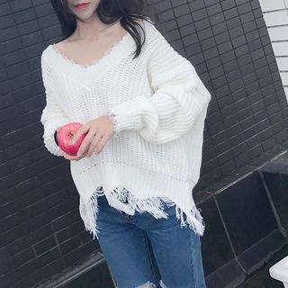 Frayed V-neck Sweater