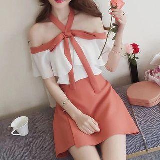 Set: Open Shoulder Frilled Chiffon Top + Mini Skirt
