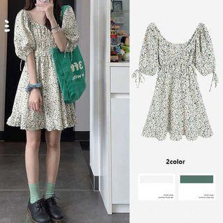 Short-sleeve Floral Mid A-line Dress