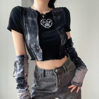 Set: Short-sleeve Heart Embroidered Cropped T-shirt + Arm Sleeves