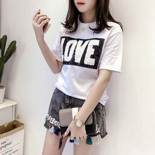 Sequined Lettering Short-sleeve T-shirt