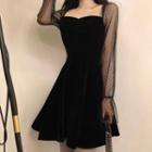 Sweetheart Neckline Mesh Sleeve A-line Mini Dress Black - One Size