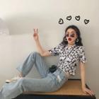 Flower Print Short-sleeve T-shirt / High Waist Wide-leg Jeans