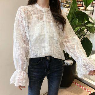 Set: Long-sleeve Lace Top + Camisole White - One Size