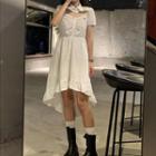 Short-sleeve Collared Crop Top / Spaghetti Strap Frill Trim A-line Dress