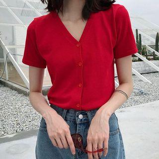 Short-sleeve V-neck Buttoned Knit Top