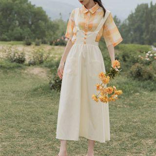 Set: 3/4-sleeve Plaid Shirt + Midi A-line Suspender Skirt