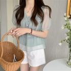 Puff-sleeve V-neck Mesh Shirt