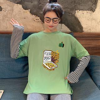 Mock Two-piece Striped Panel Print T-shirt