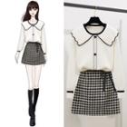 Contrast Trim Collared Long-sleeve Knit Top / Houndstooth Mini A-line Skirt / Set
