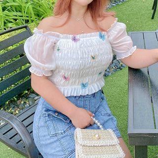 Short-sleeve Embellished Smocked Blouse