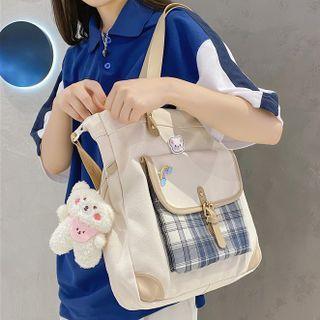 Plaid Panel Tote Bag / Badge Charm / Bear Charm / Set