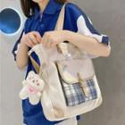 Plaid Panel Tote Bag / Badge Charm / Bear Charm / Set
