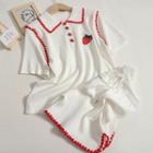 Set: Short-sleeve Strawberry Embroidered Knit Polo Shirt + Wide Leg Shorts Set Of 2 - Polo Shirt & Shorts - White - One Size