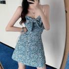 Spaghetti-strap Floral Print Ribbon Mini Sheath Dress