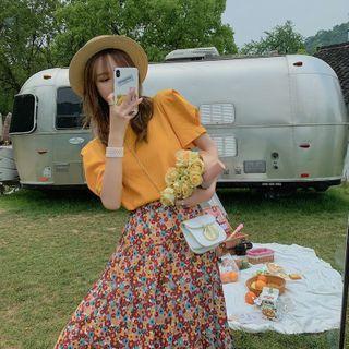 Set: Plain Blouse + Floral A-line Skirt