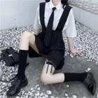 Tie-neck Elbow-sleeve Shirt / Mini A-line Jumper Skirt