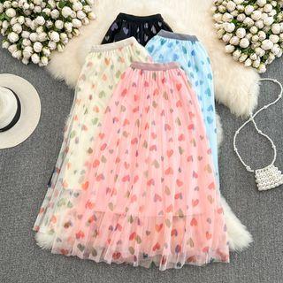 Heart Print Mesh Pleated Skirt