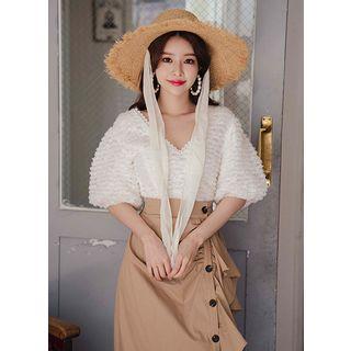 Puff-sleeve Fluffy Lace Top Ivory - One Size