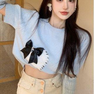 Short-sleeve Ribbon Crop Knit Top